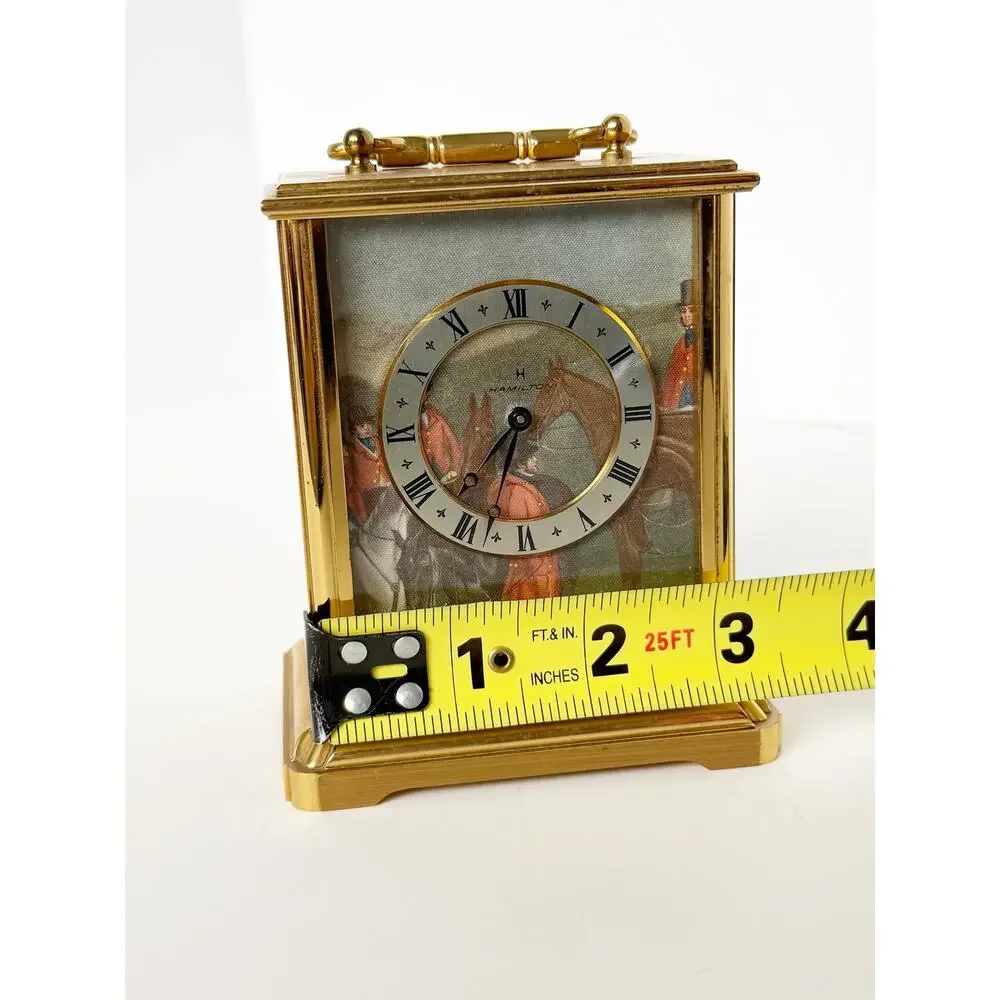 Vintage Hamilton Electronic Gold Brass Miniature Shelf Mantel Fox Hunt Clock